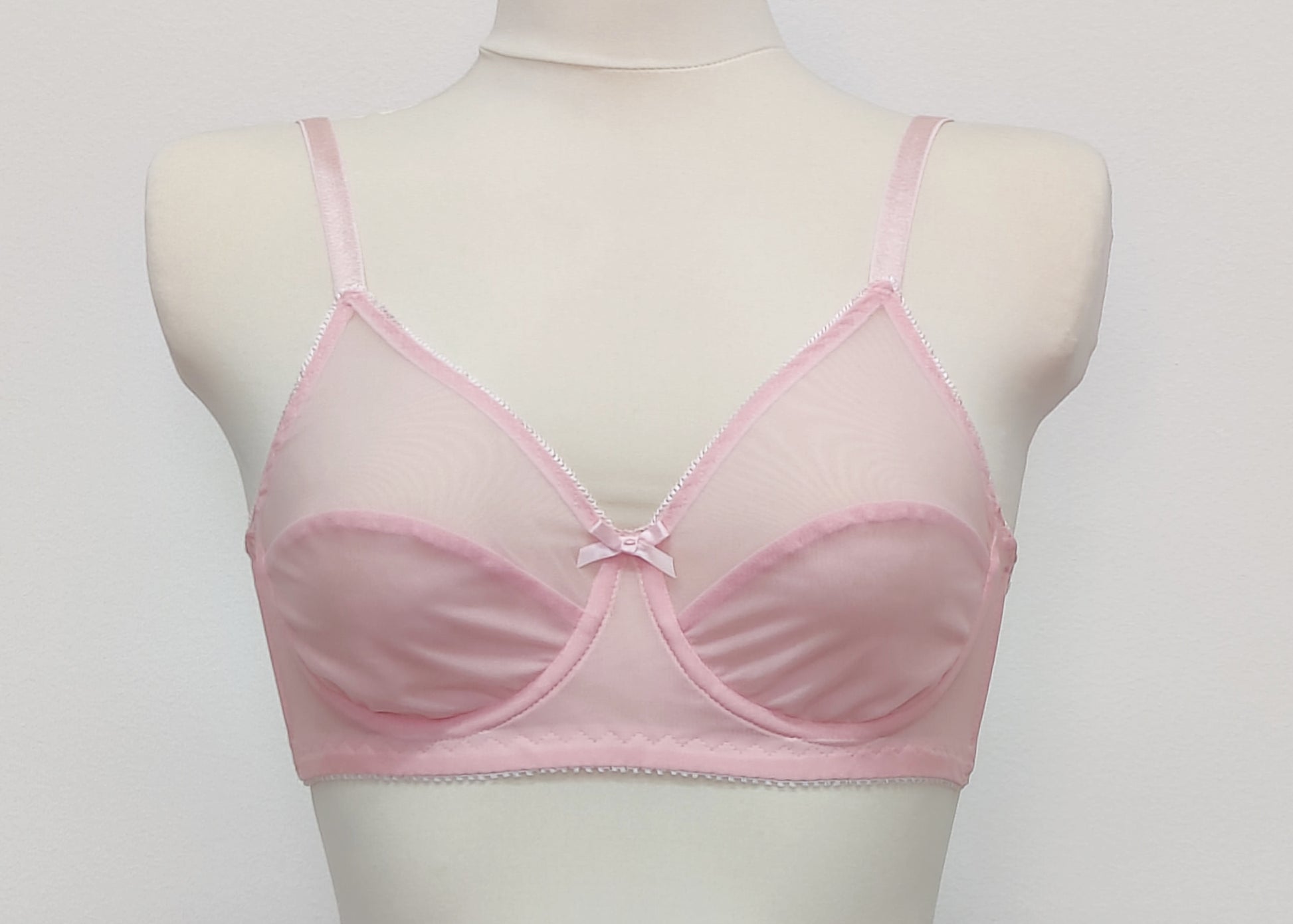 pink Sheer full cup Lily bra, Underwired, mesh Bra, shown with matching Irma panties and Lula garter belt