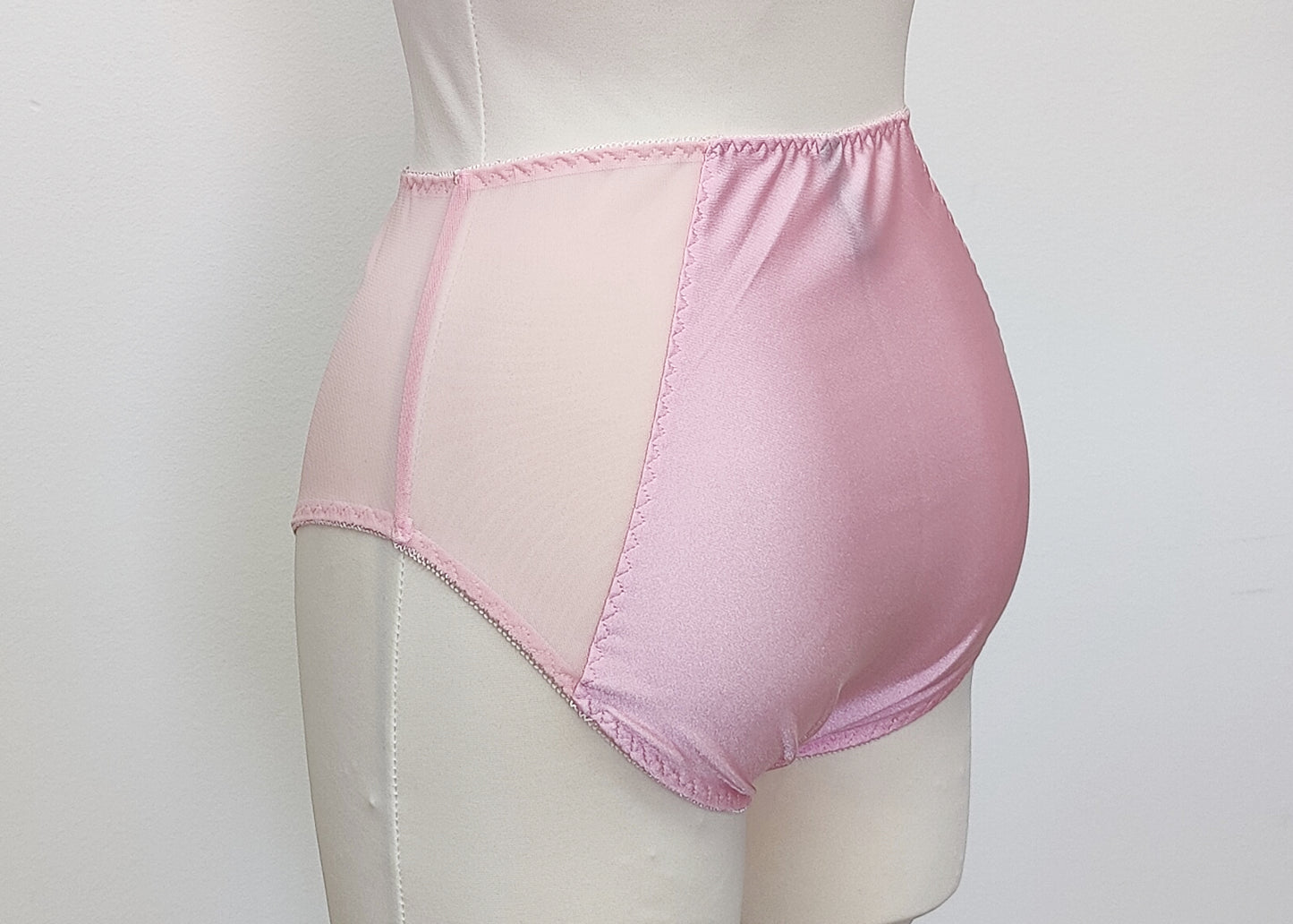 pink high waist Mia panties with sheer side panels, back view