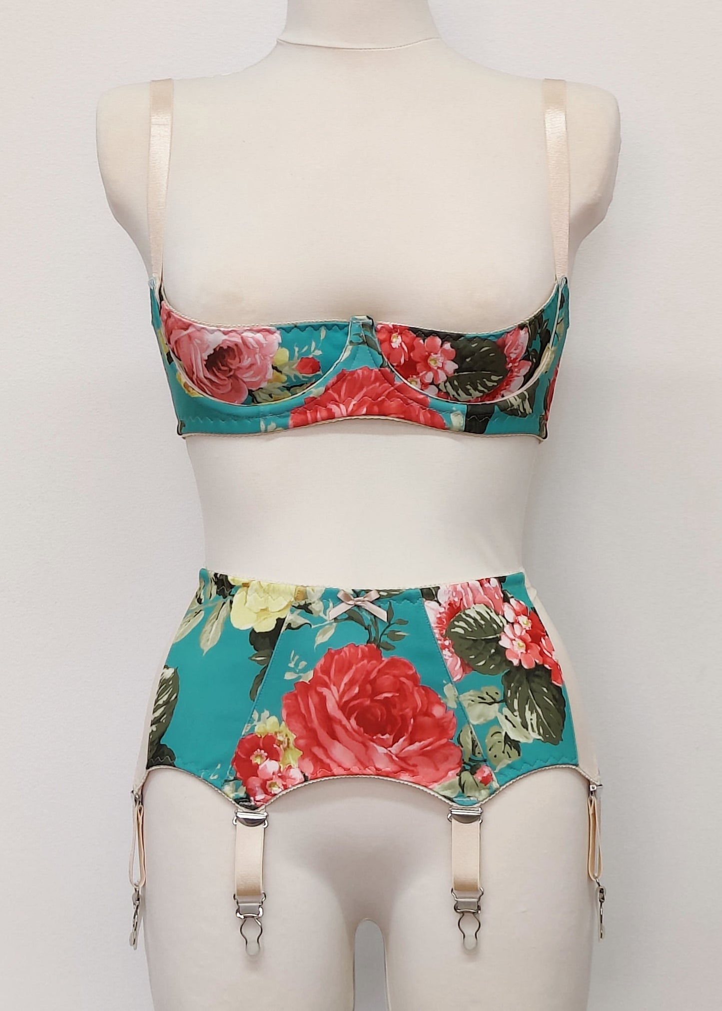 floral Rosie quarter cup bra, shown with matching garter belt