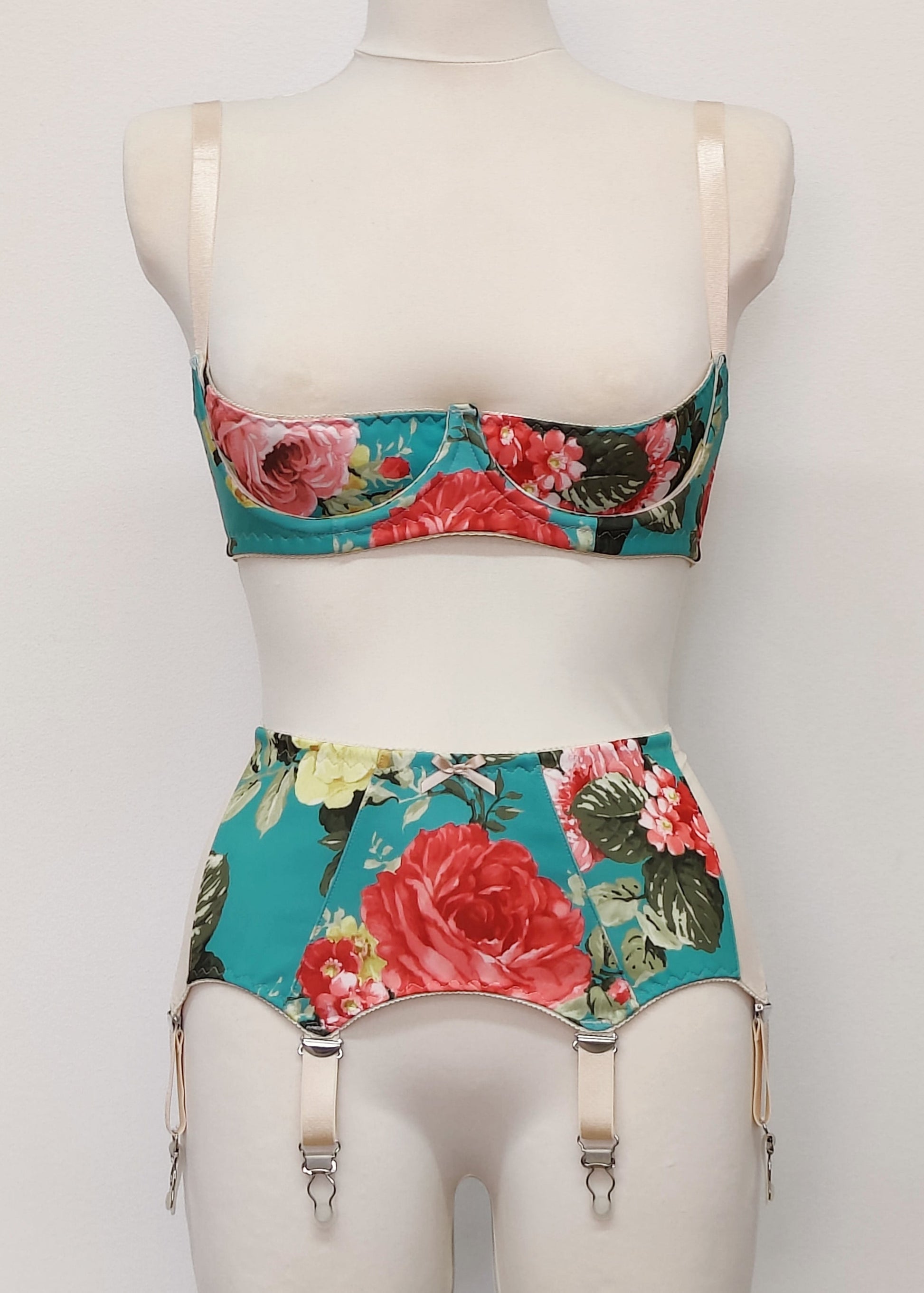 floral Rosie quarter cup bra, shown with matching garter belt