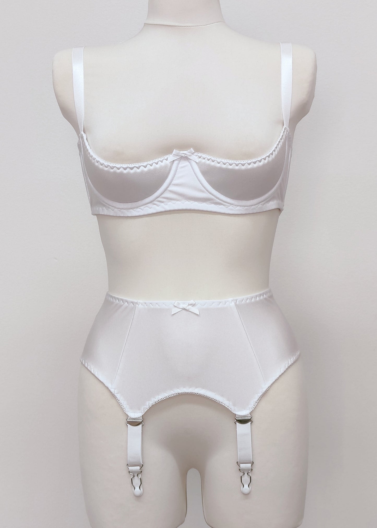 white open cup Gina bra, shown with matching 4 strap Greta garter belt