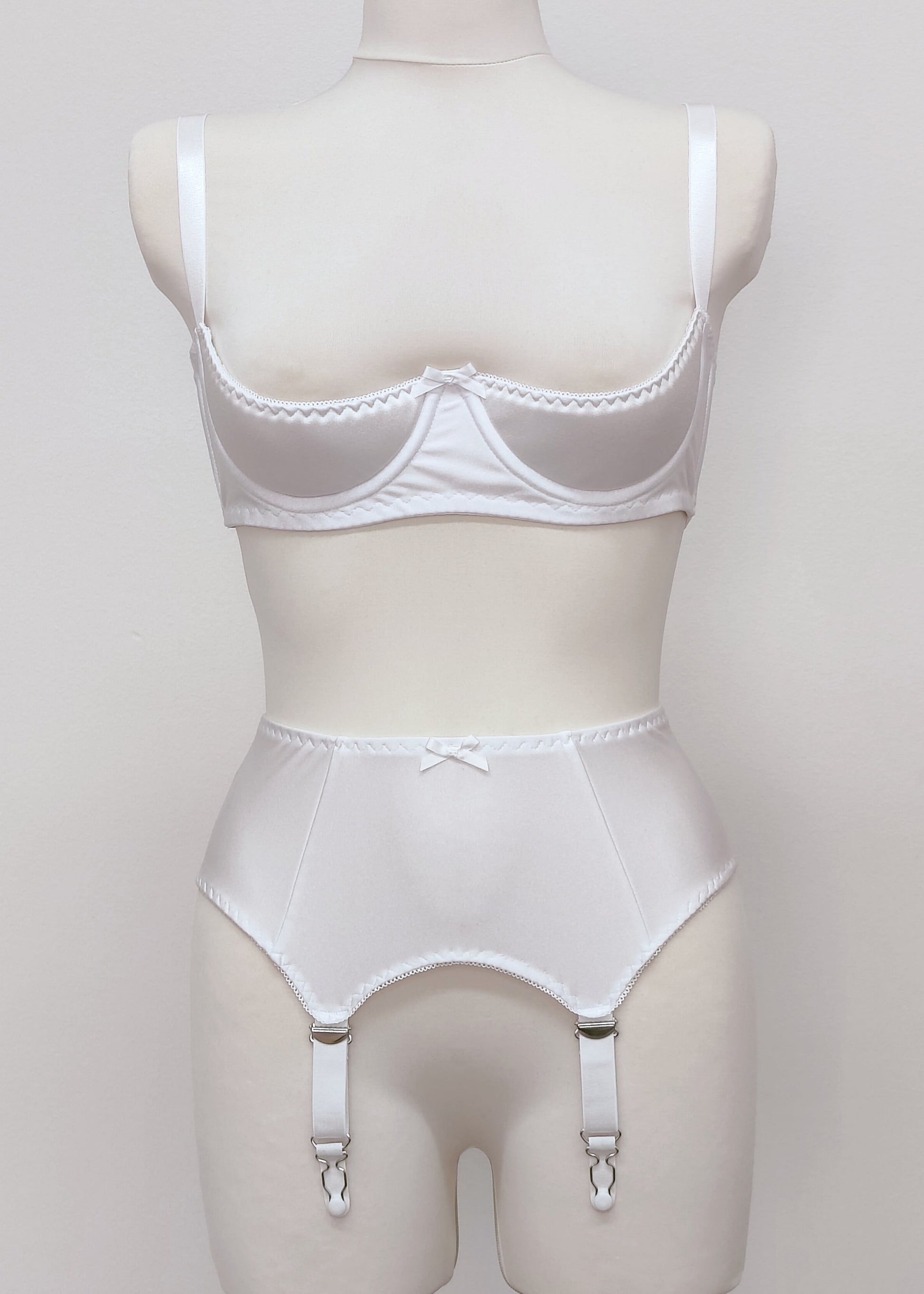 white open cup Gina bra, shown with matching 4 strap Greta garter belt