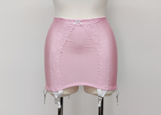 pink 6 strap Rhonda open bottom girdle, with pink lace trim on the front and white sheer back