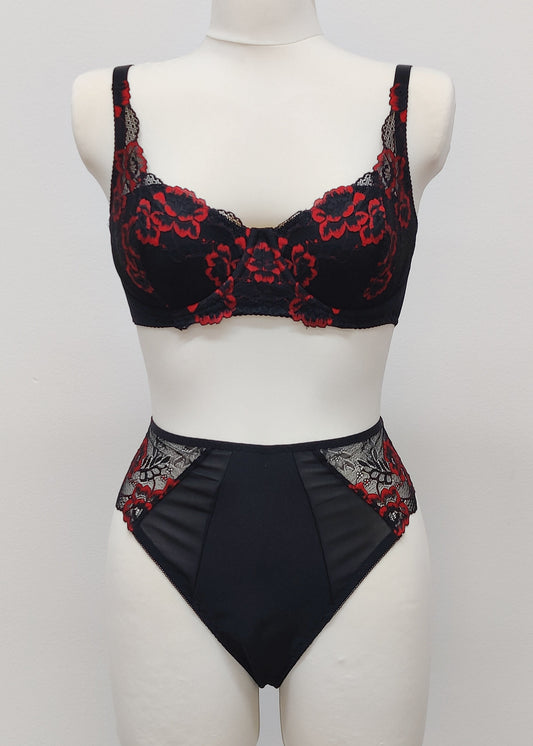 Black with red flowers lace Alice bra, with matching high waist panties