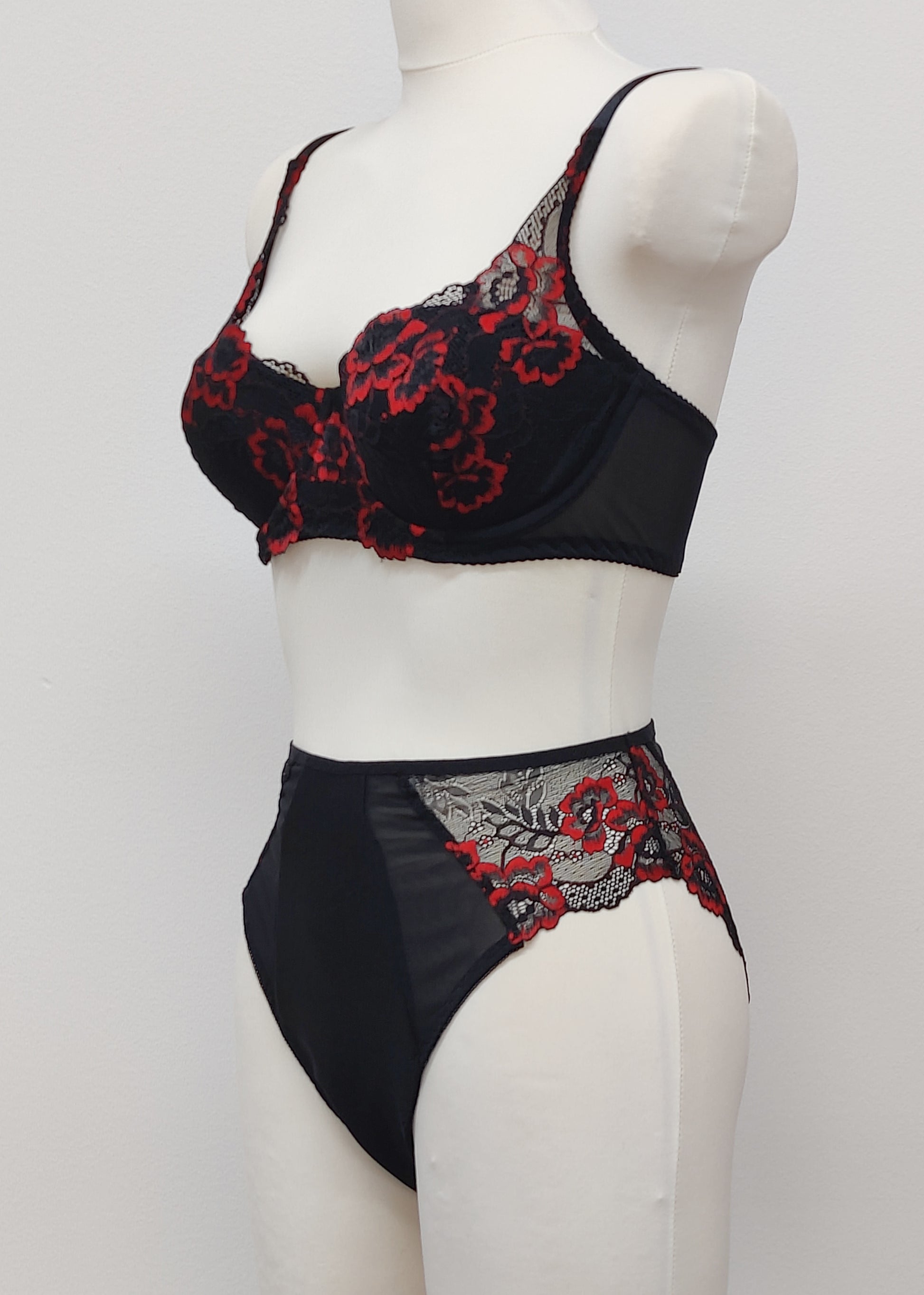 Black and Red Lace ALICE high rise Tanga Panties with matching Alice bra, side view