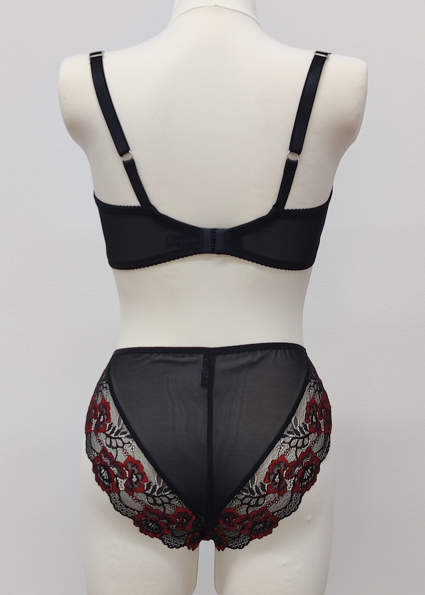 Black with red flowers lace Alice bra, with matching high waist panties, back view