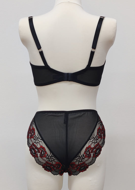 Black with red flowers lace Alice bra, with matching high waist panties, back view