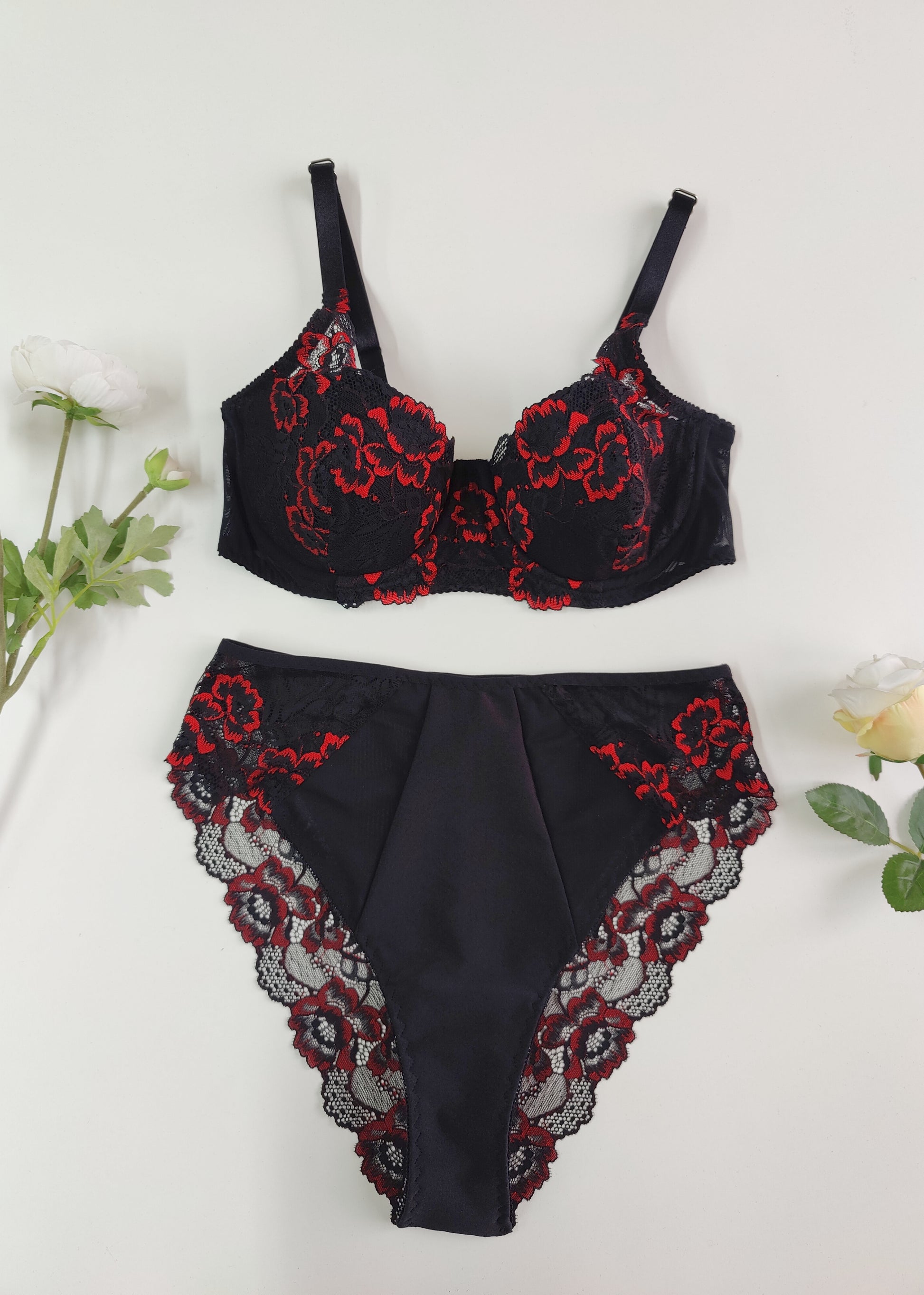 Black with red flowers lace Alice bra, with matching high waist panties, flat lay