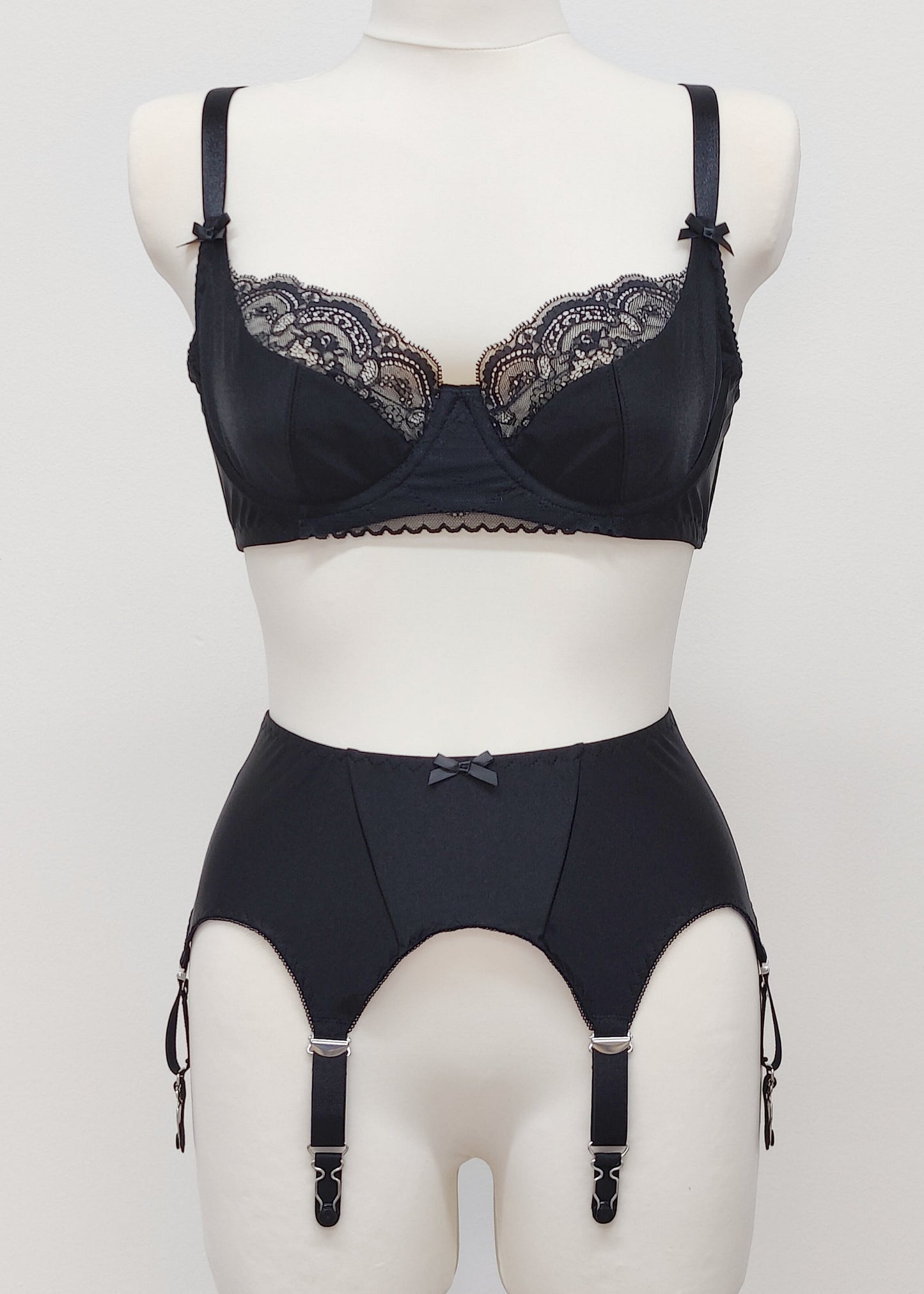 black Jasmin lace demi cup bra, shown with black Nina garter belt