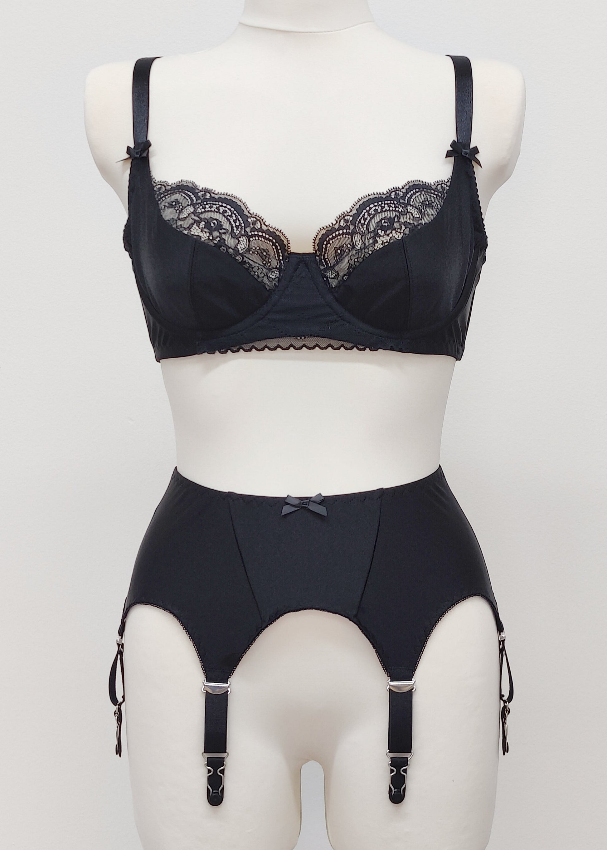 black Jasmin lace demi cup bra, shown with black Nina garter belt