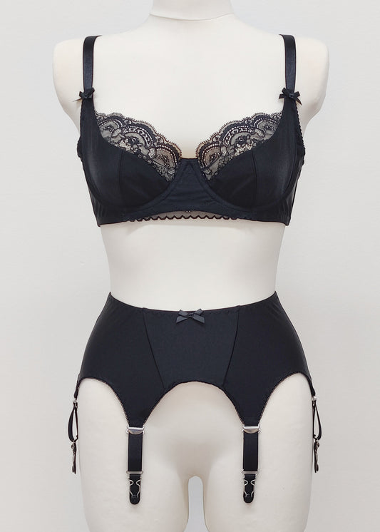black Jasmin lace demi cup bra, shown with black Nina garter belt