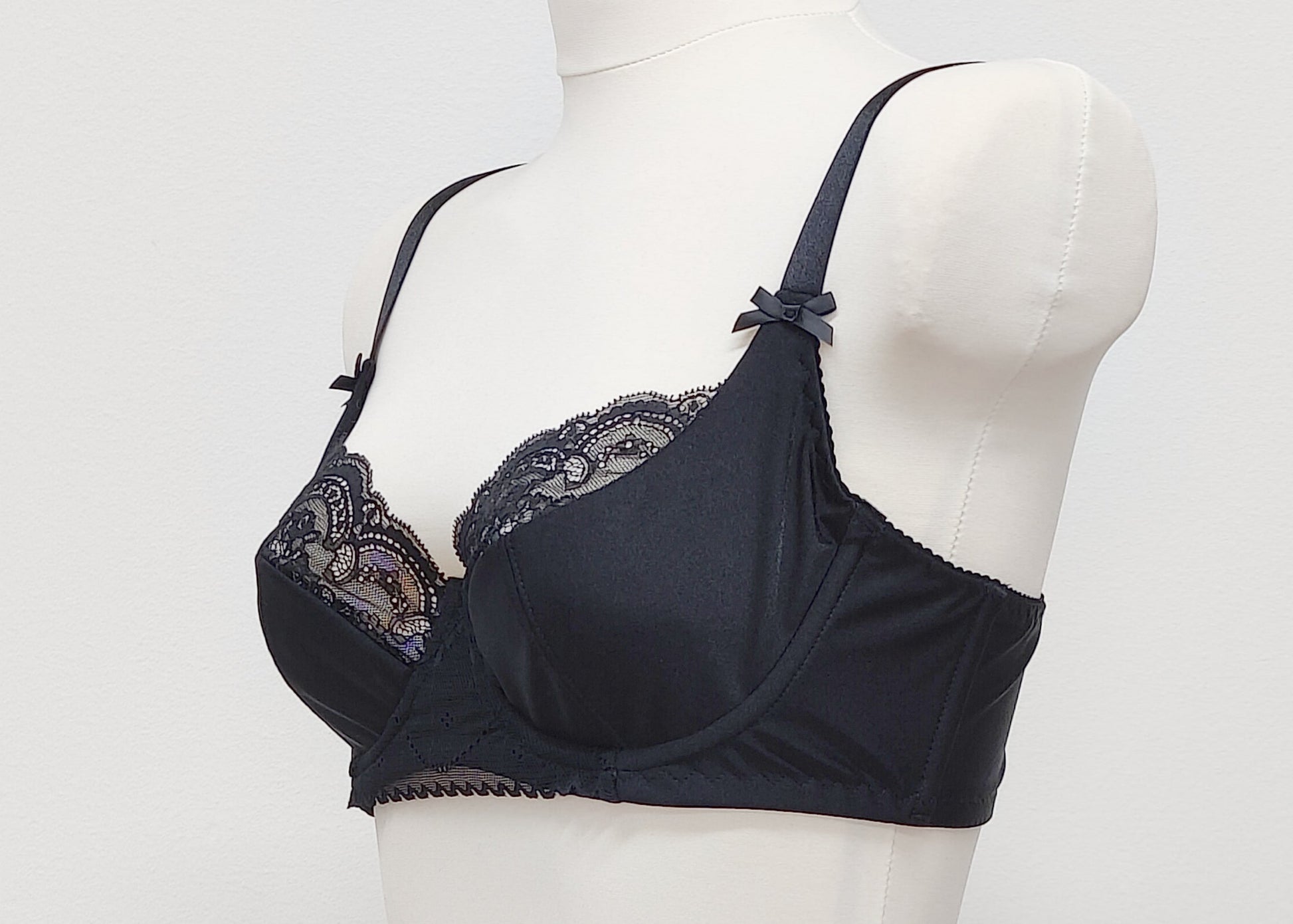 black lace demi cup bra, side view