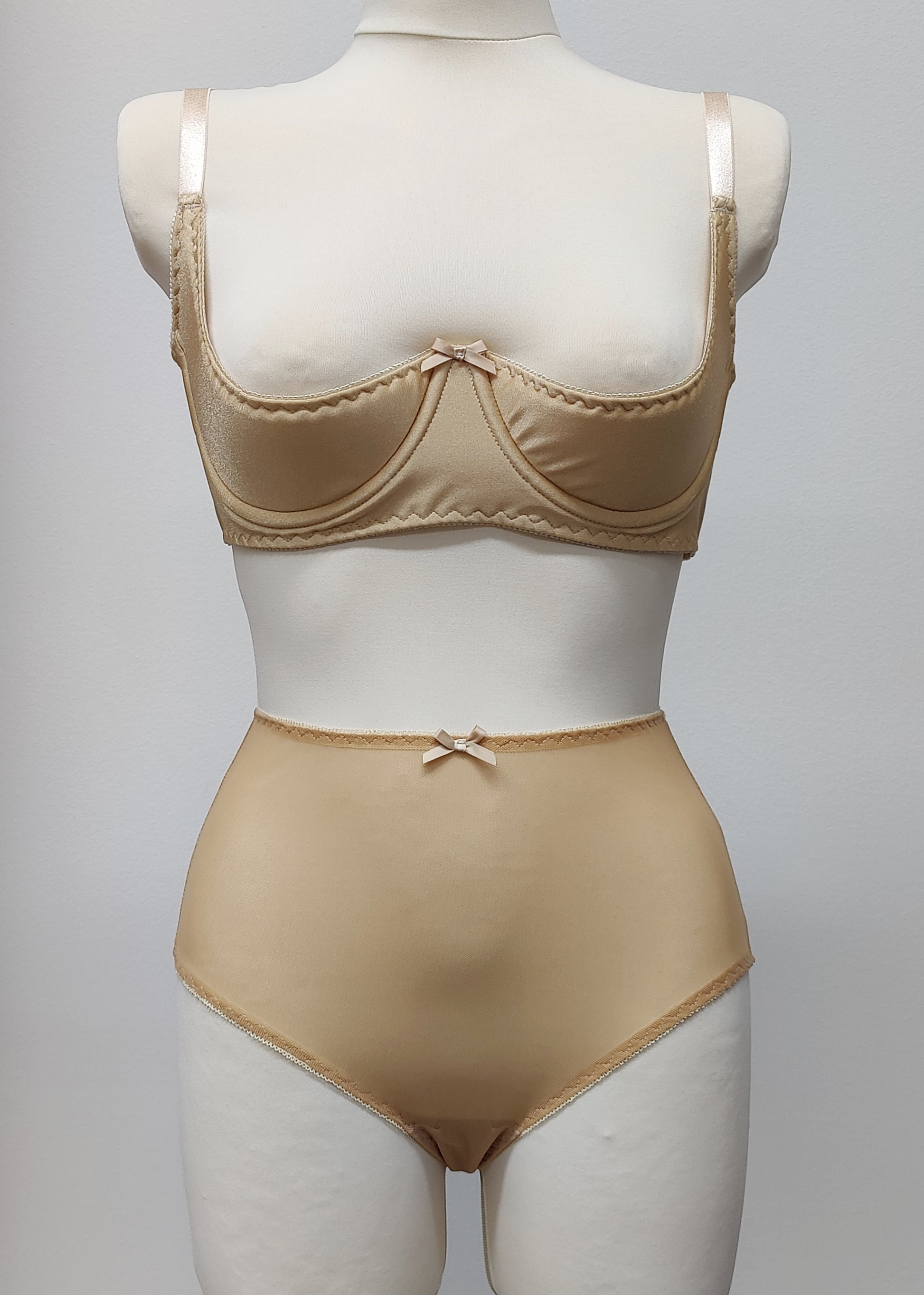 beige open cup Gina bra, shown with matching Irma high waist, sheer panties
