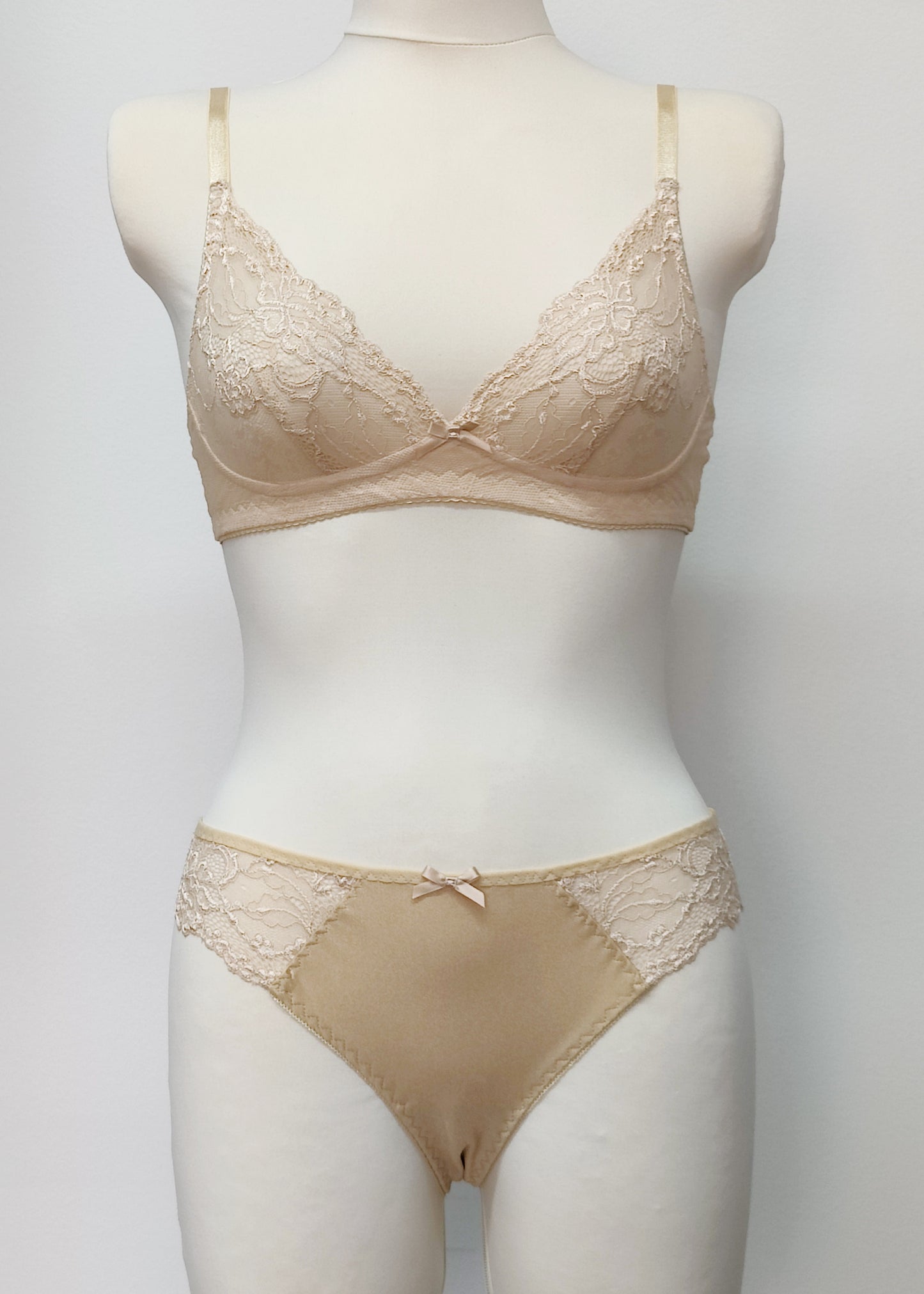 beige bikini style Zigi panties with side and back lace panels, with matching Coco bralette