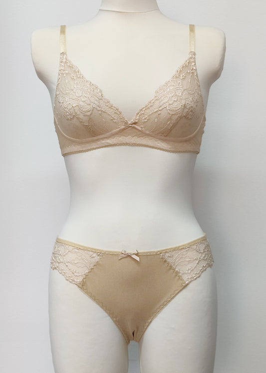 beige bikini style Zigi panties with side and back lace panels, with matching Coco bralette