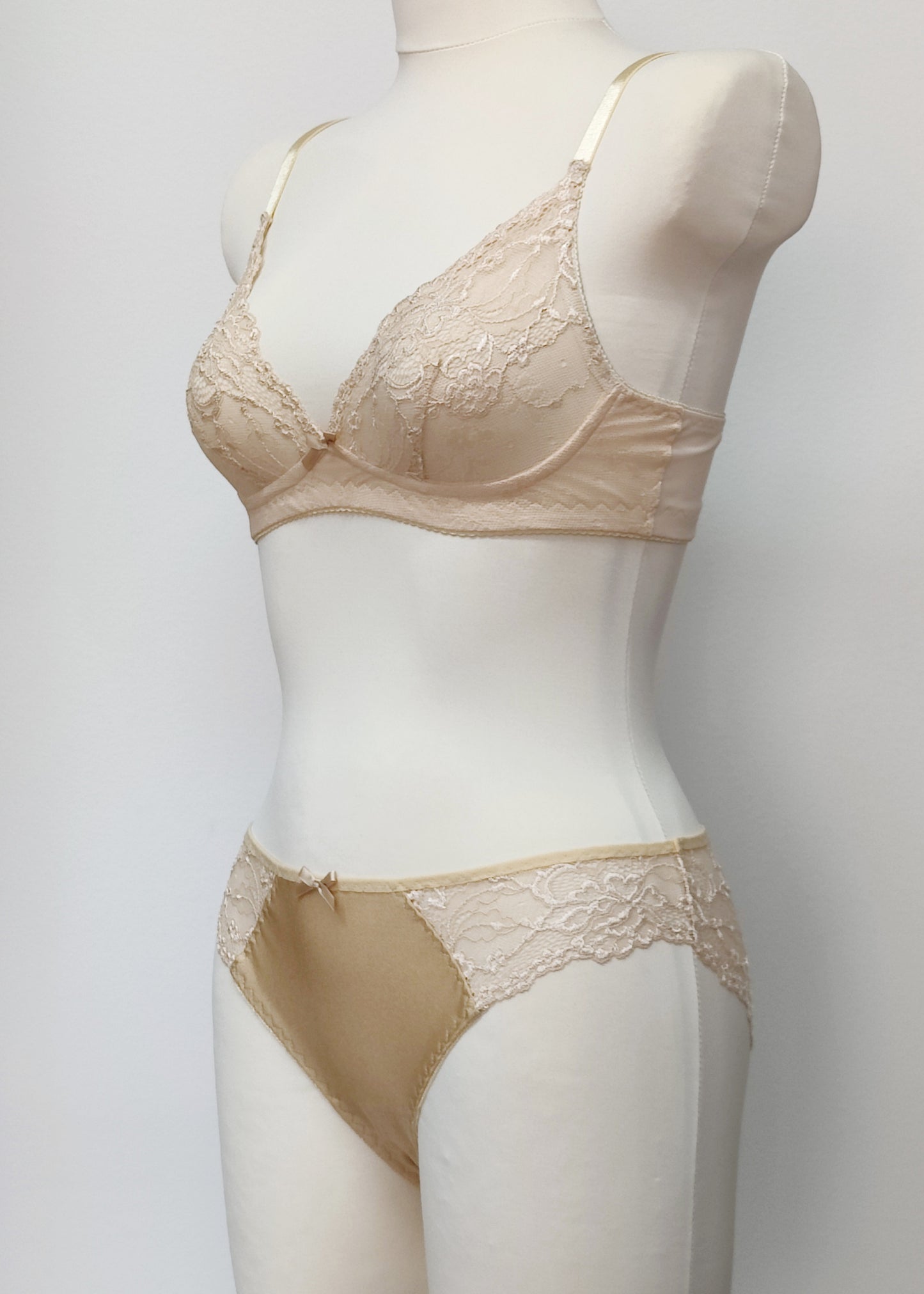 beige bikini style Zigi panties with side and back lace panels, with matching Coco bralette
