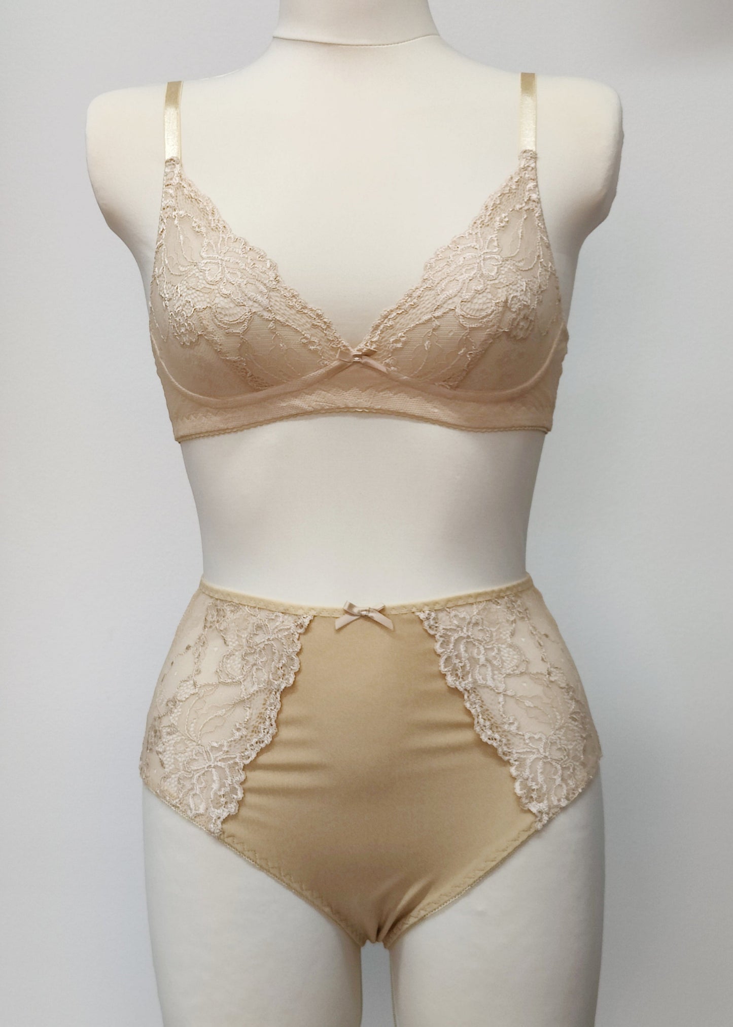 beige high waist panties with lace side panels, with matching Coco bralette