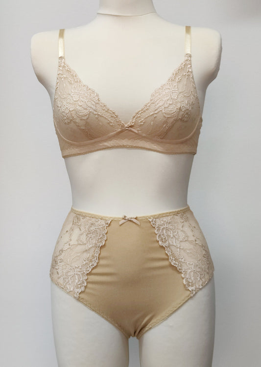 beige high waist panties with lace side panels, with matching Coco bralette