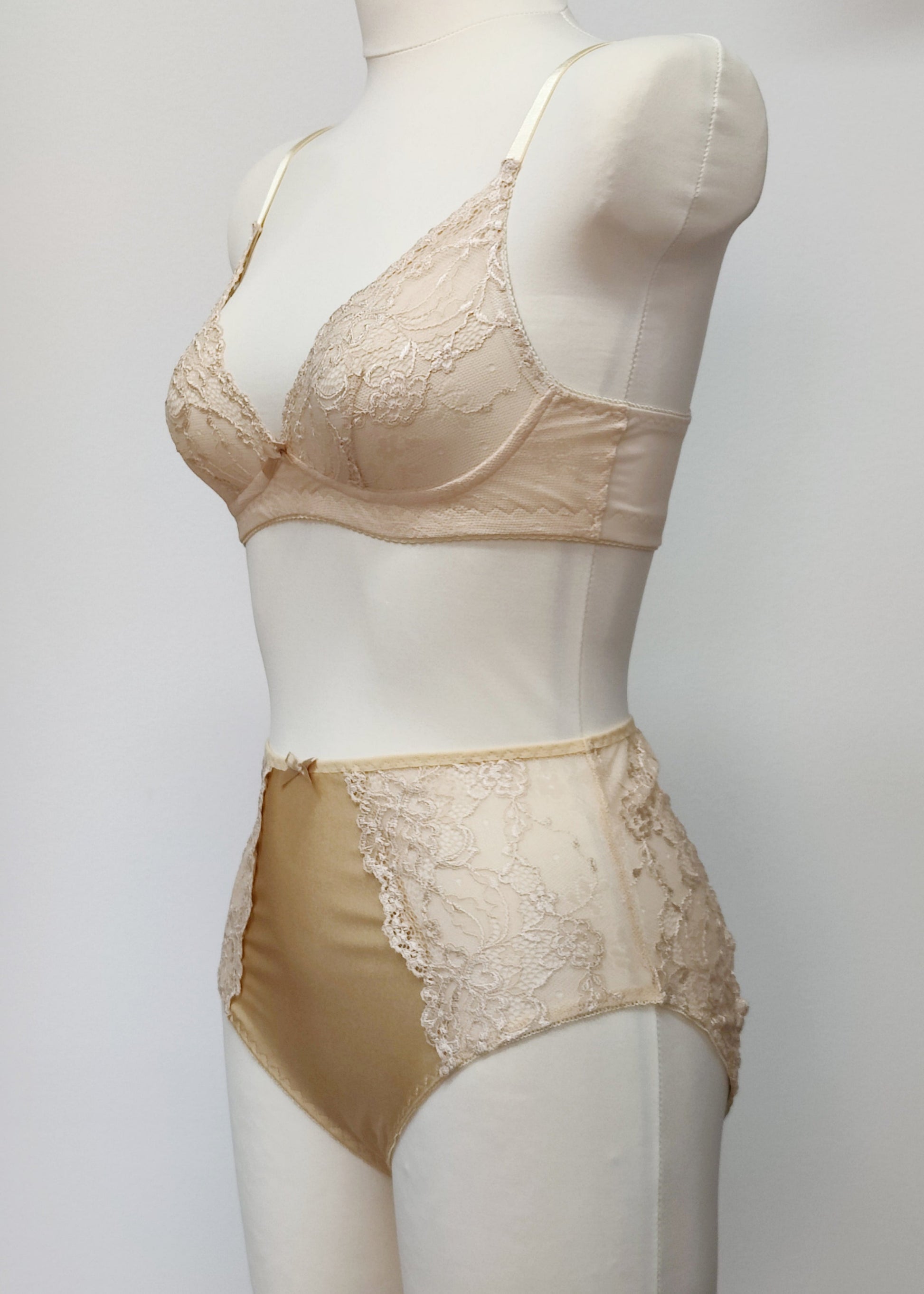 beige high waist panties with lace side panels, with matching Coco bralette, side view