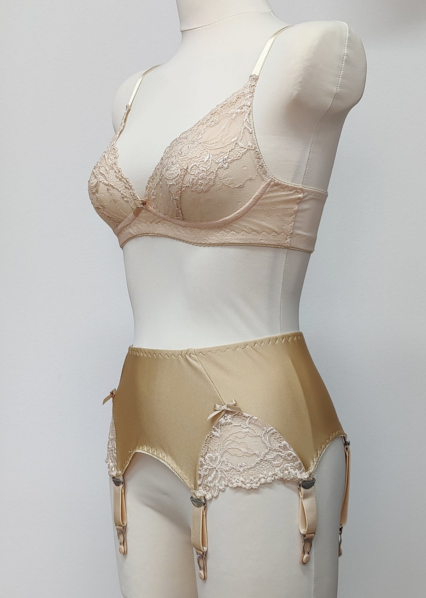 beige, wide, 6 strap Scarlett garter belt with side lace inserts, shown with matching Coco lace bralette, side view