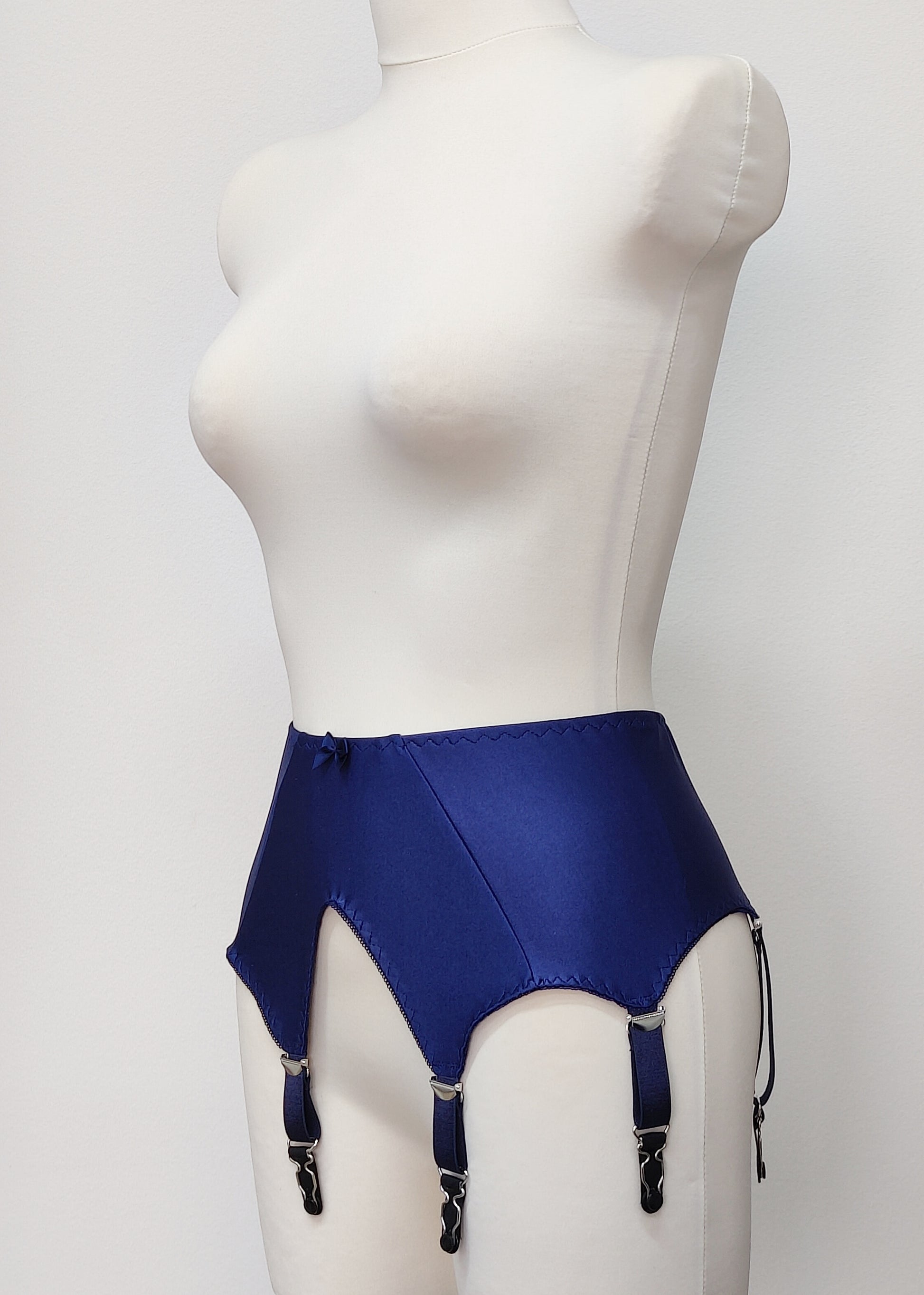 Cobalt blue wide 6 strap garter belt, side view