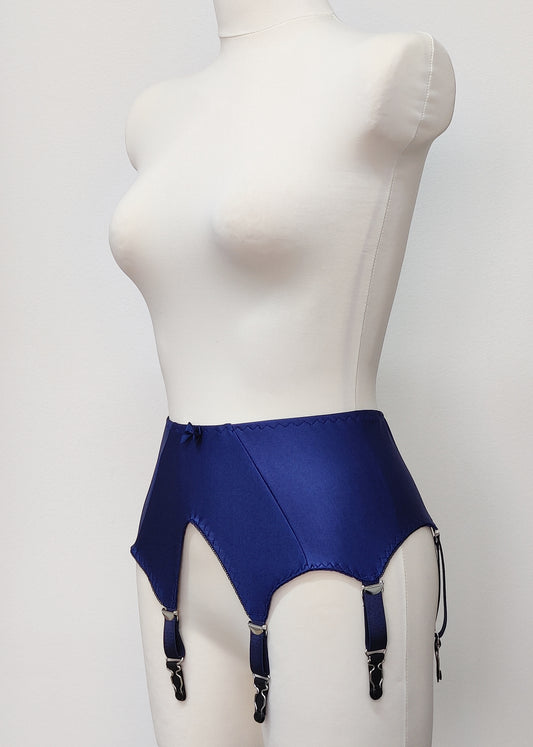 Cobalt blue wide 6 strap garter belt, side view