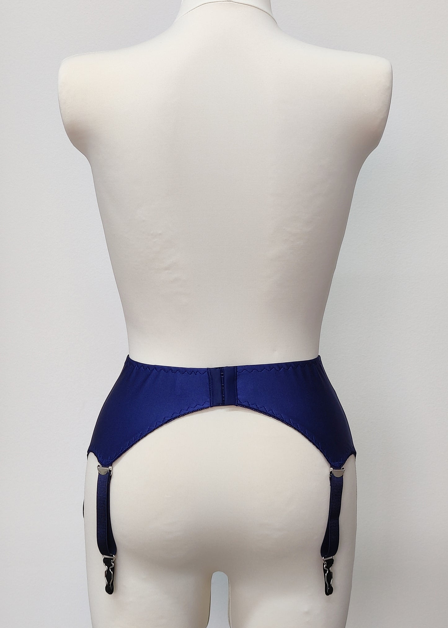 Cobalt blue wide 6 strap garter belt, back view