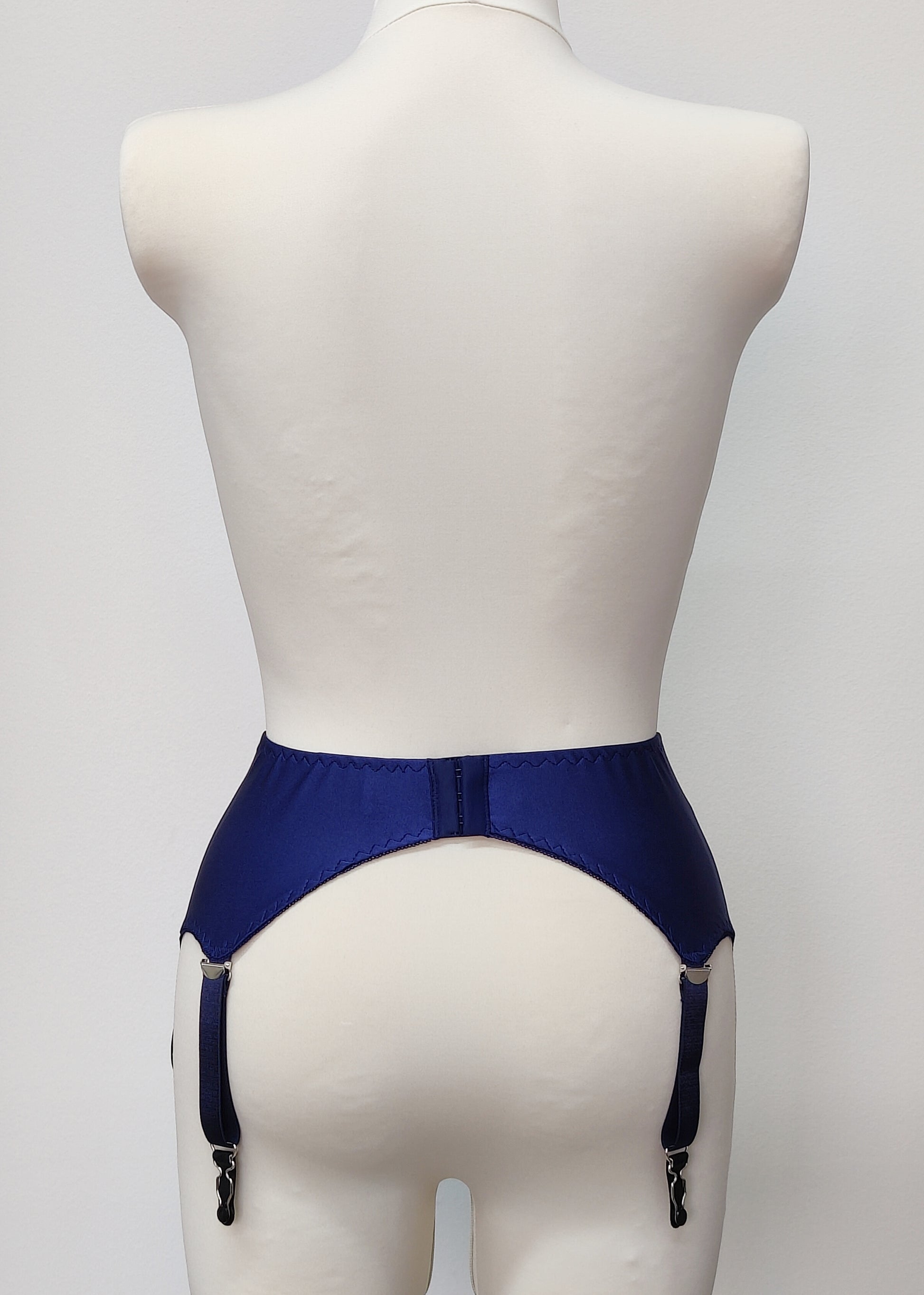 Cobalt blue wide 6 strap garter belt, back view