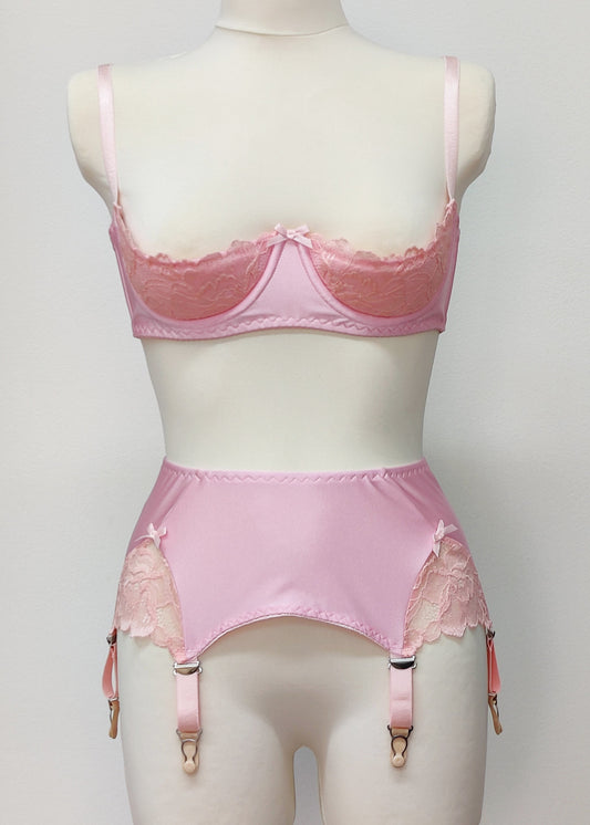 pink lace quarter cup bra