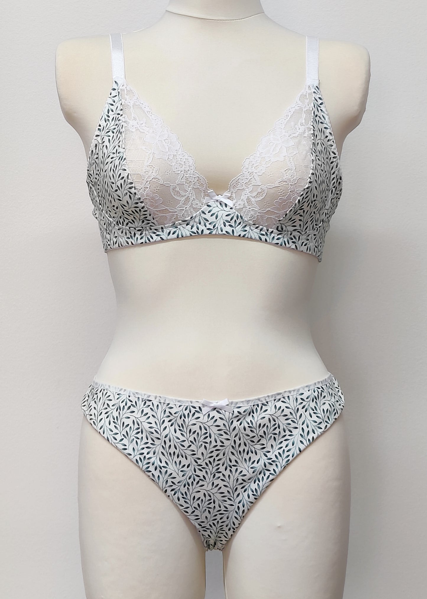 white cotton with tiny green leaves Ida panties, with matching Mila bralette