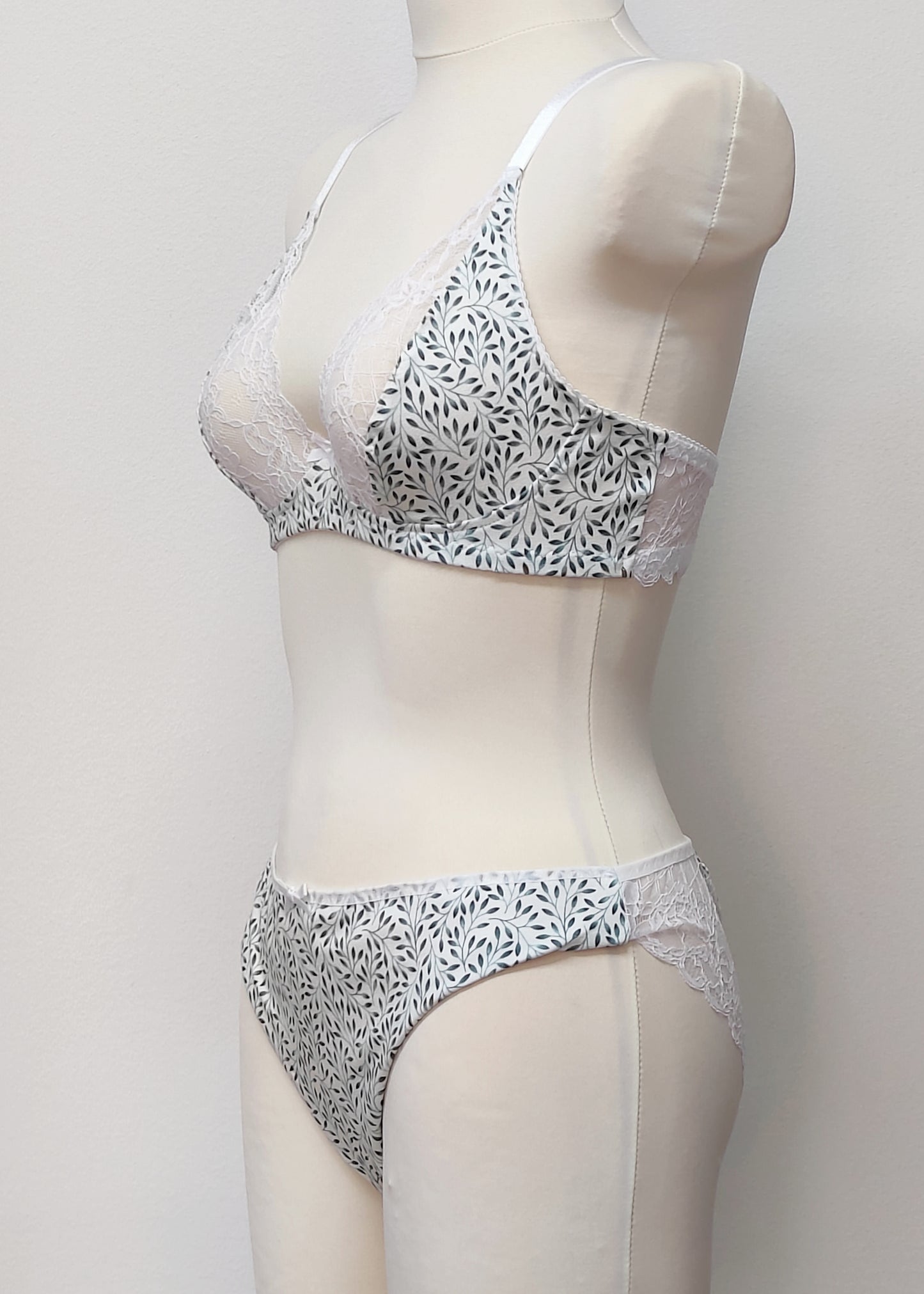 white cotton with tiny green leaves Ida panties, with matching Mila bralette , side view