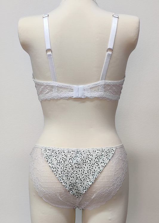 white cotton with tiny green leaves Mila bralette, with matching Ida panties and Etta garter belt, back view