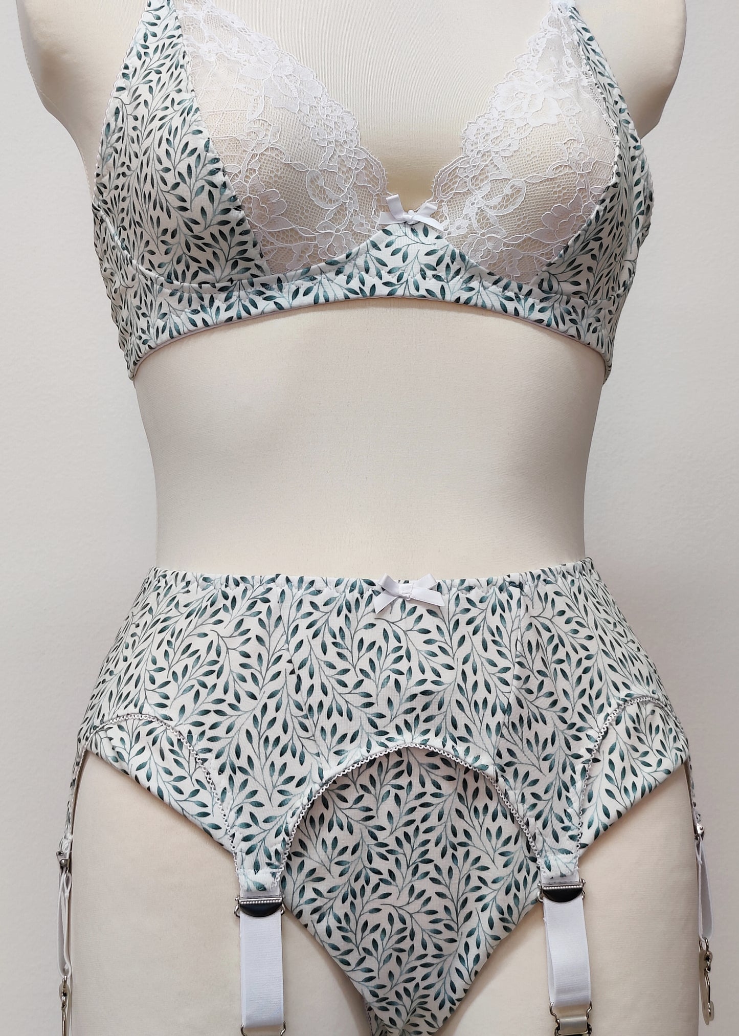 white cotton with tiny green leaves Ida panties, with matching Mila bralette and Etta garter belt