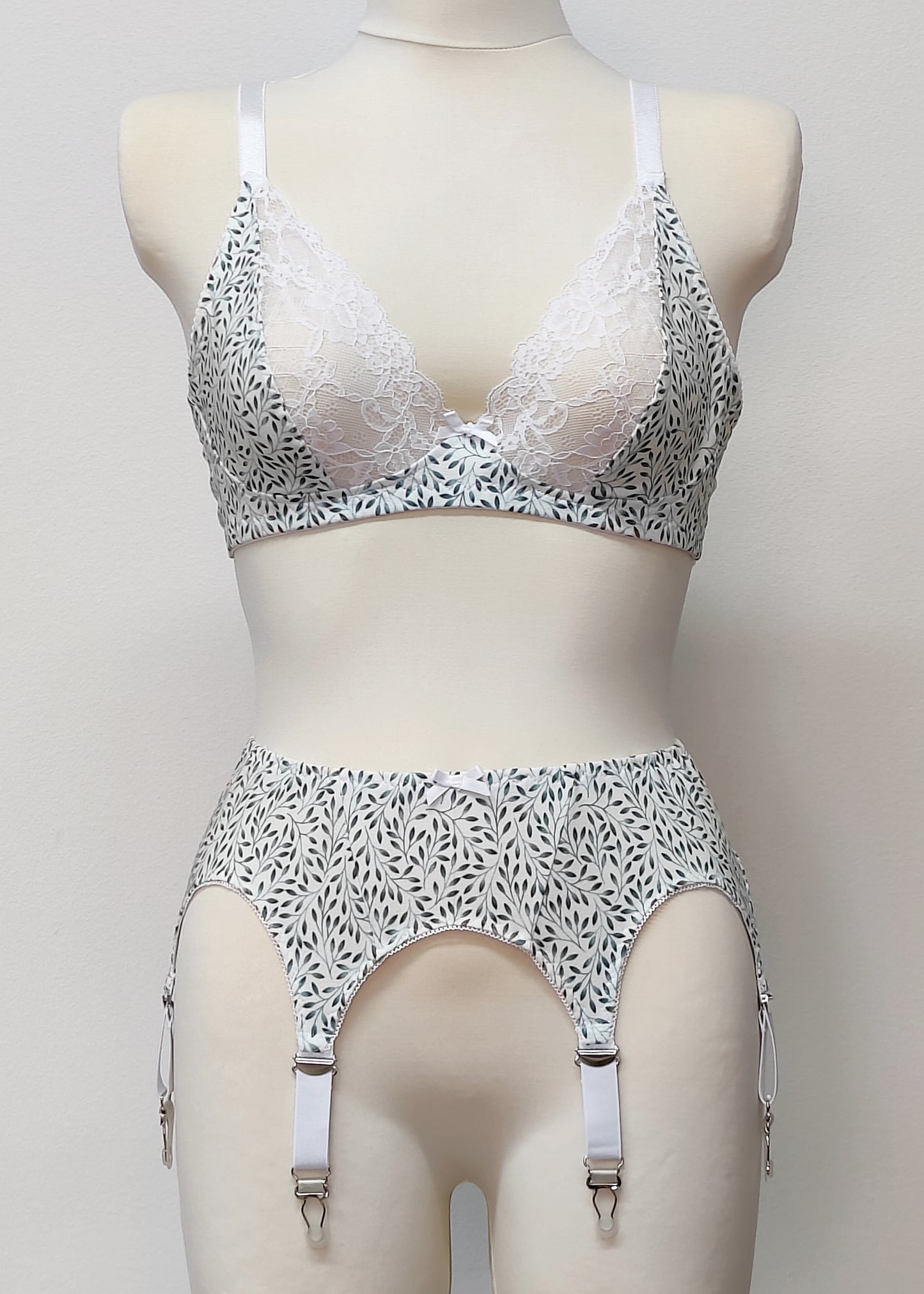 white cotton with tiny green leaves Etta garter belt, with matching Mila bralette