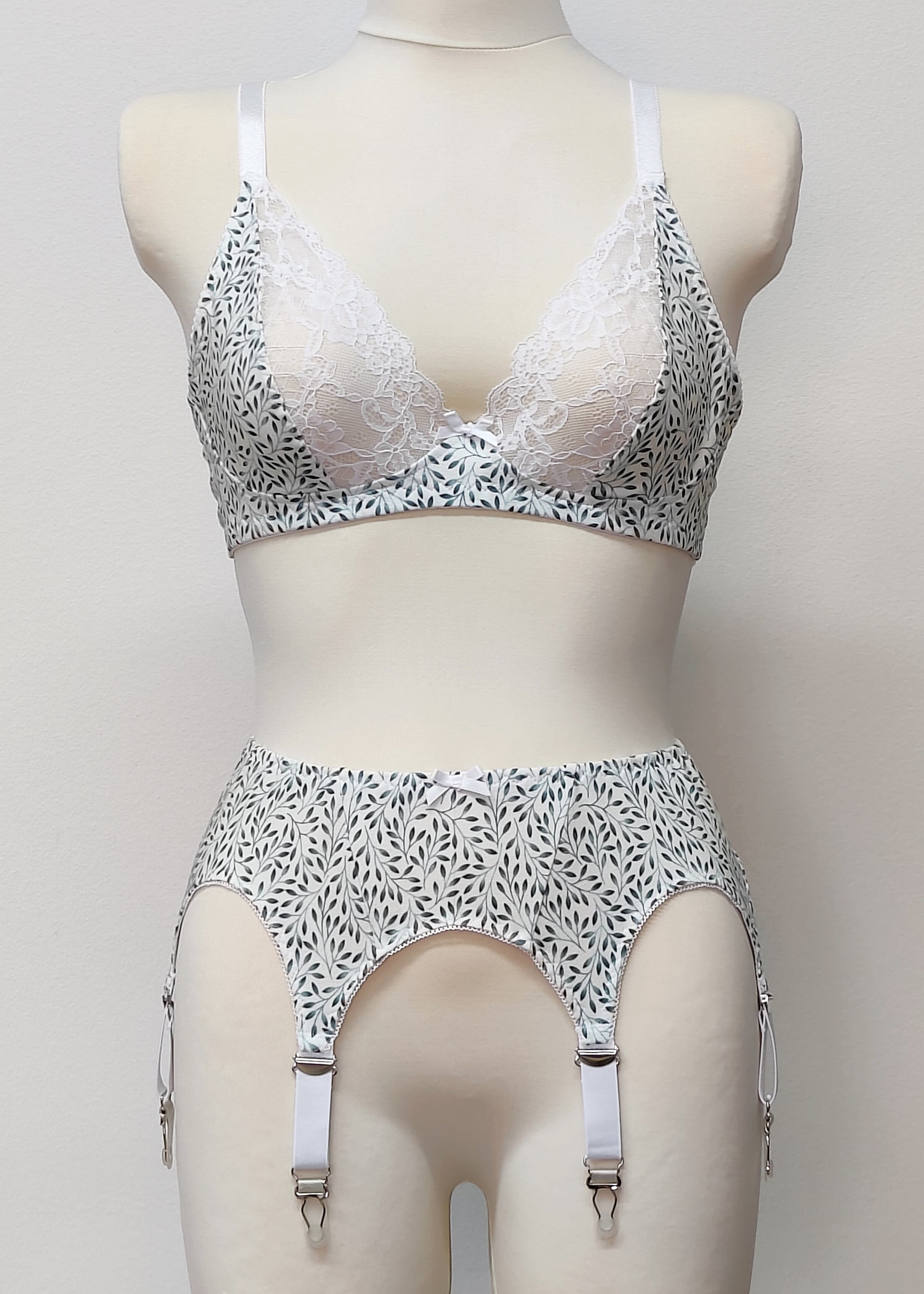 white cotton with tiny green leaves Etta garter belt, with matching Mila bralette