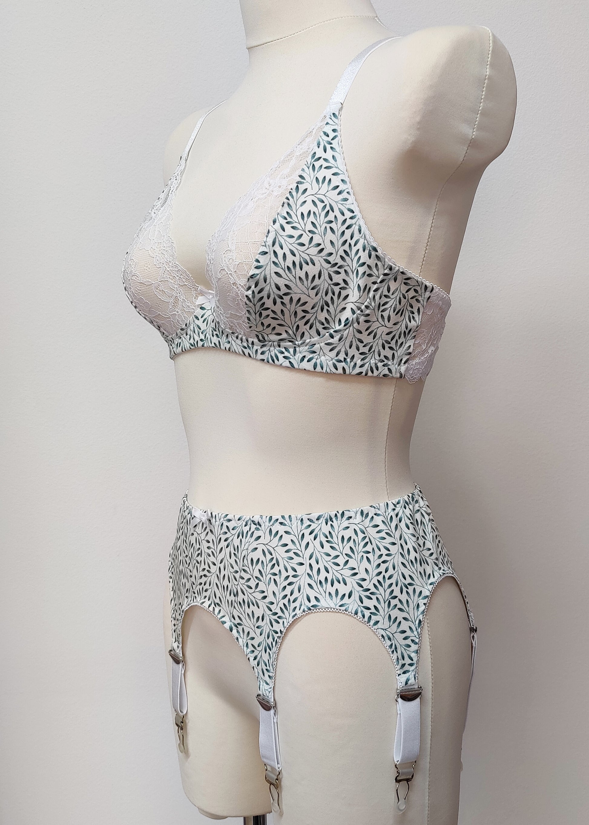 white cotton with tiny green leaves Etta garter belt, with matching Mila bralette ' side view