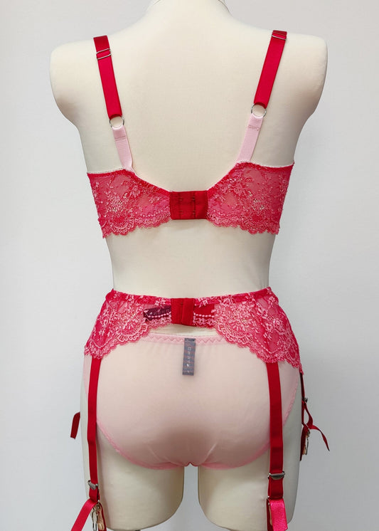 hot pink lace Judith garter belt with 6 straps, shown with matching bra, back view