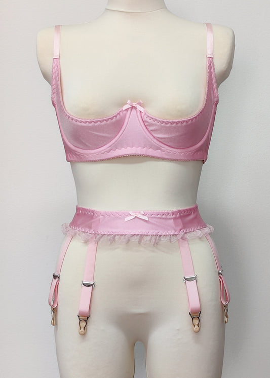 Pink narrow 60's style Summer garter belt with ruffle trim and 6 straps, on the photo with matching Gina quarter cup bra
