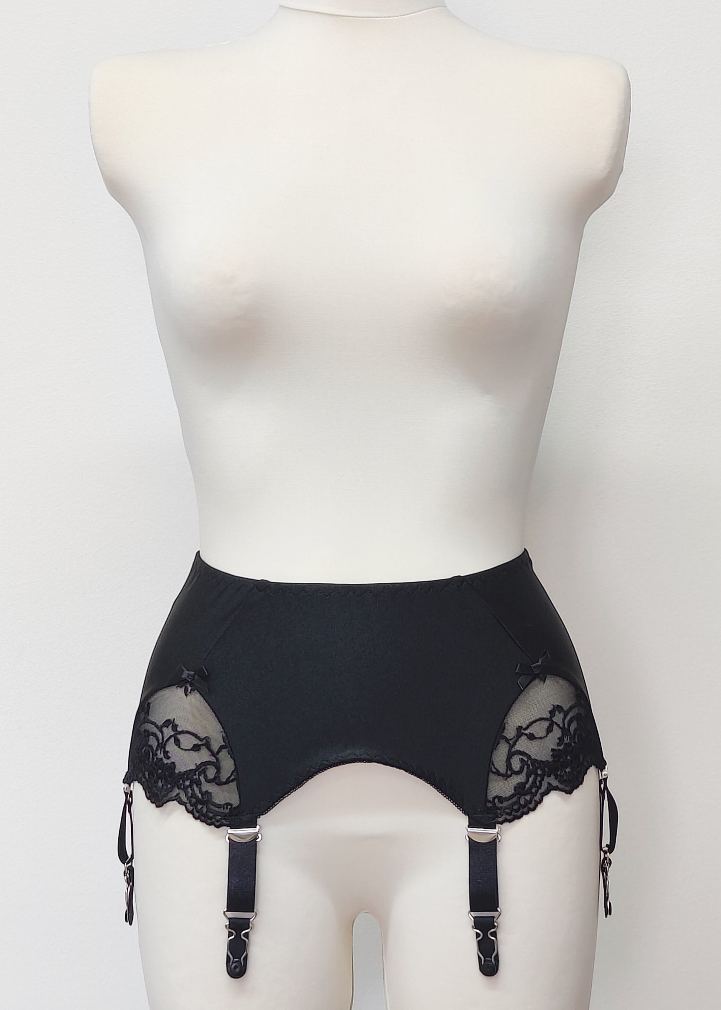 black, wide, 6 strap garter belt with side lace inserts