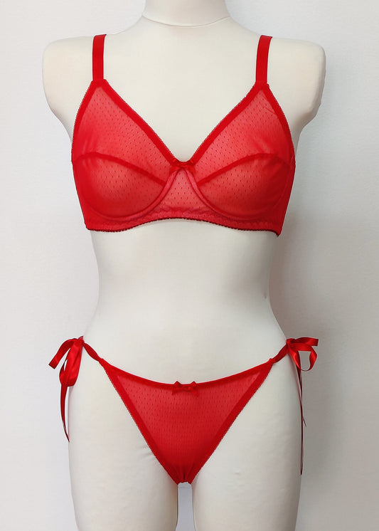 red Sheer full cup Lily bra, Underwired, mesh Bra, shown with matching Irma panties