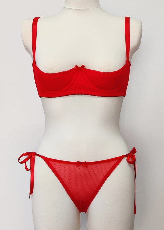 red Ella quarter cup bra, with red dot mesh fabric,  underwired, shown with matching Irma panties