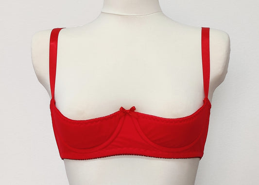 red Ella quarter cup bra, with red dot mesh fabric,  underwired
