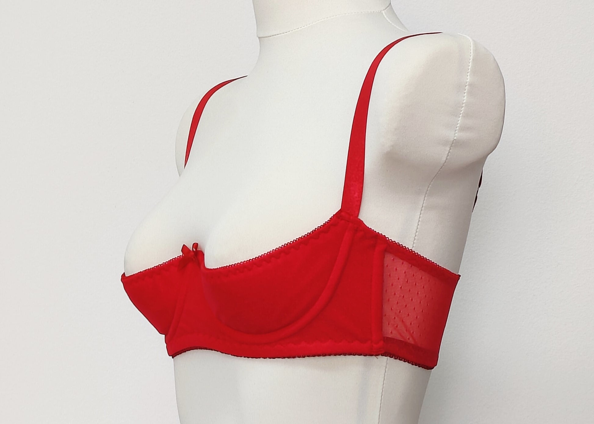 red Ella quarter cup bra, with red dot mesh fabric,  underwired, side view