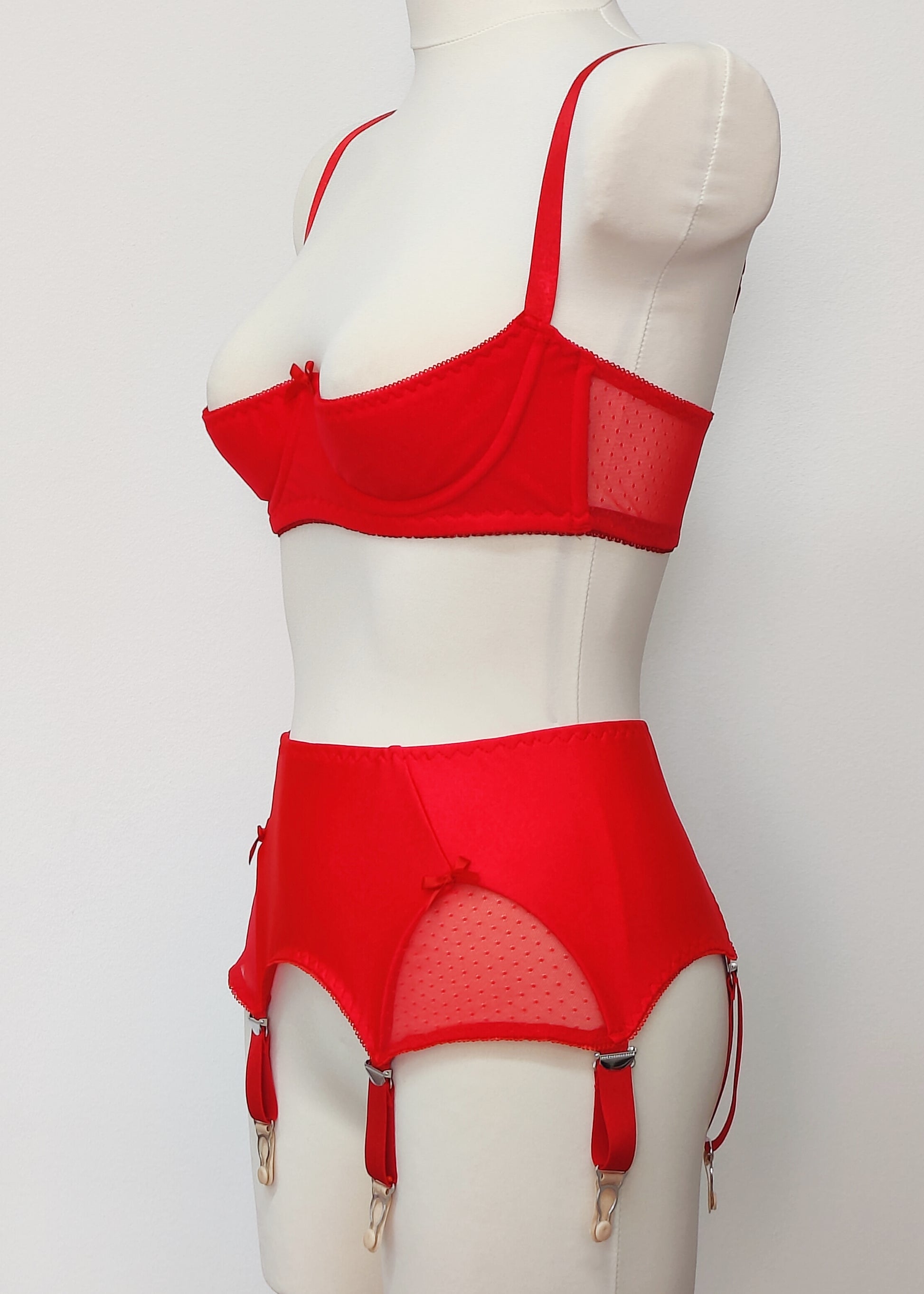 red Ella quarter cup bra, with red dot mesh fabric,  underwired, shown with matching garter belt