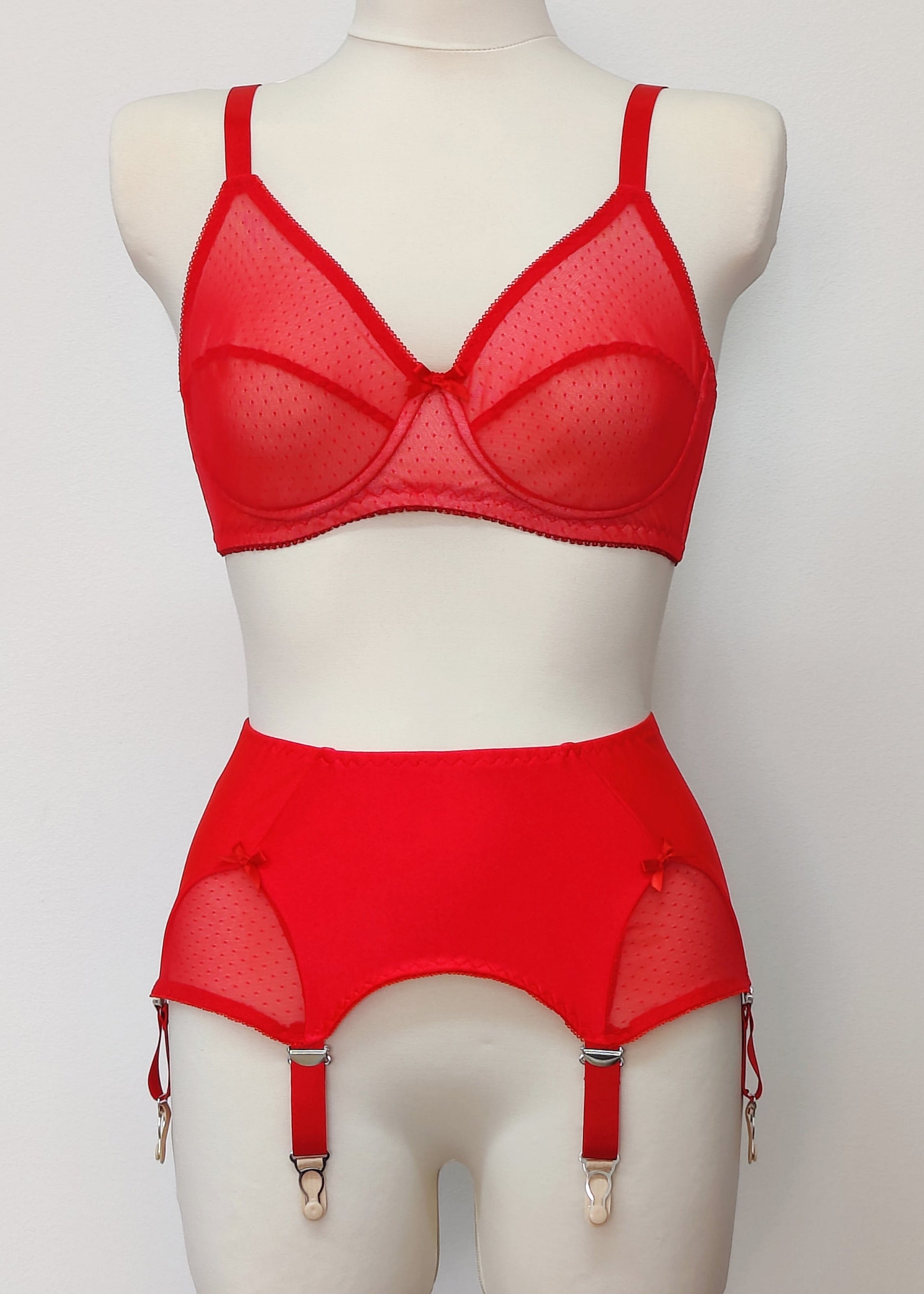 red Sheer full cup Lily bra, Underwired, mesh Bra, shown with matching Scarlett garter belt