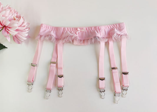 pink narrow 60's style, 6 strap garter belt with ruffle trim, size S