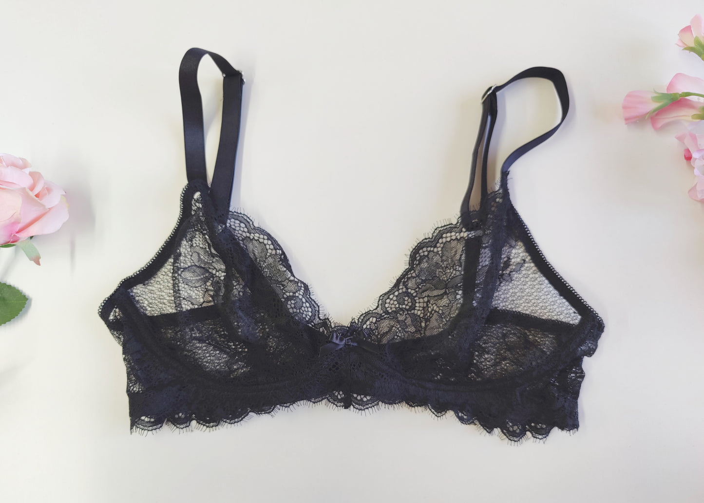 black soft wireless bra/bralette, made in black stretch lace, size 34B or European size 75B, flat view