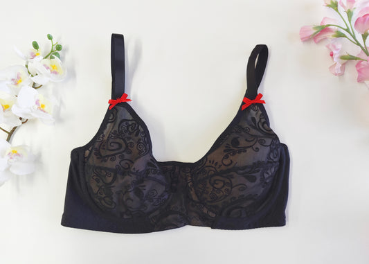 black flocked velvet mesh full cup bra, with red satin bows, size US 36C