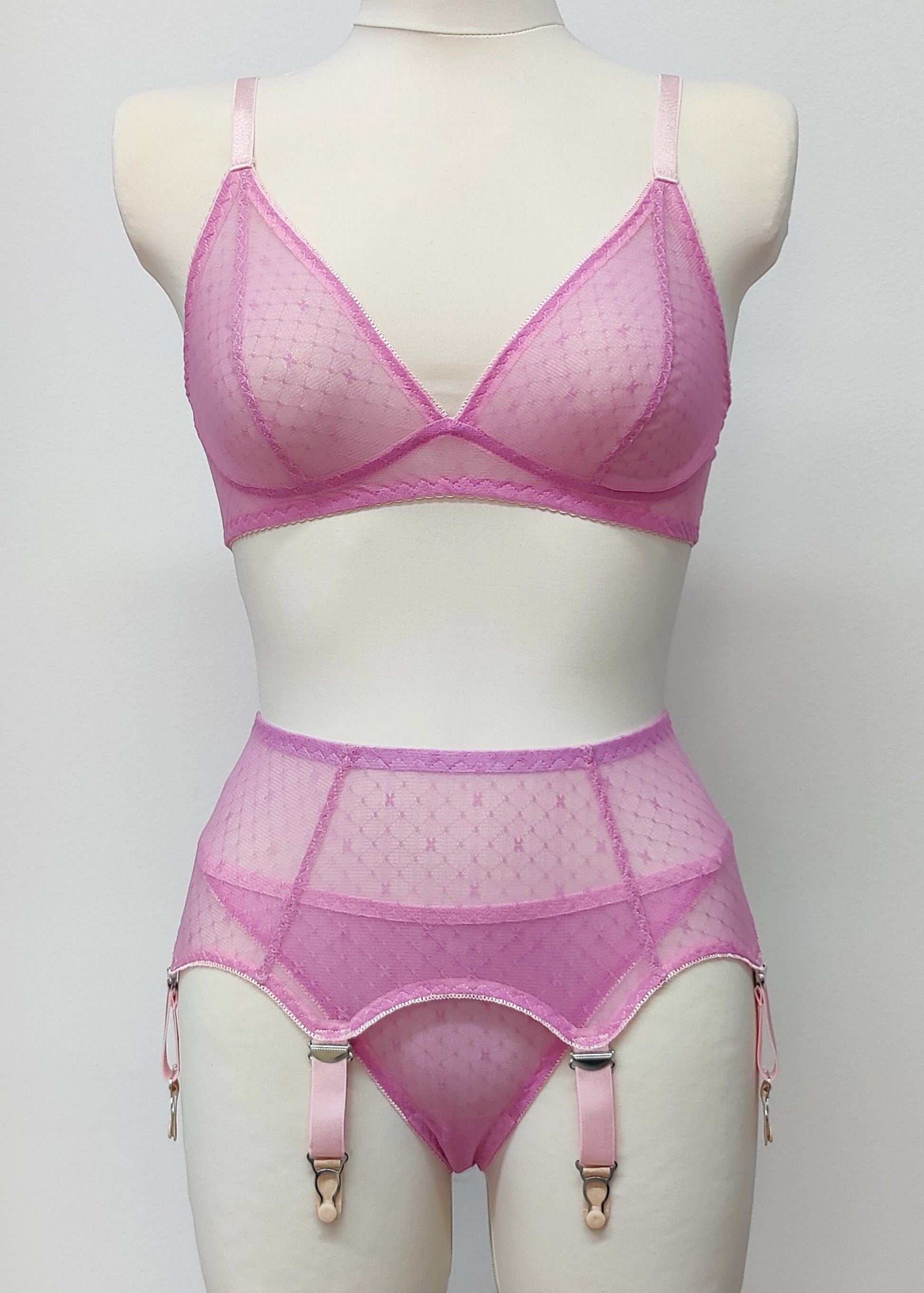 Fuchsia pink sheer Chloe bra/bralette, shown with matching Irma panties and Lula garter belt