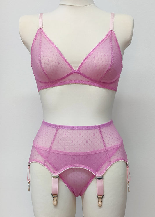 Fuchsia pink sheer Chloe bra/bralette, shown with matching Irma panties and Lula garter belt